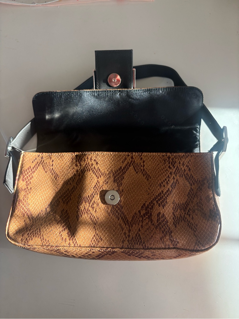 XOXO Brown Snake-Print Shoulder Baguette with Black Strap - Picture 3 of 6